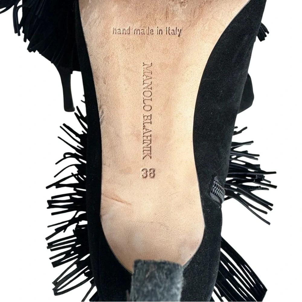 Manolo Blahnik Open Toe Heels Booties Black Suede Fringe